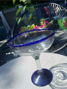 Mexican Hand-Blown Margarita Glass with Cobalt Rim and Base
